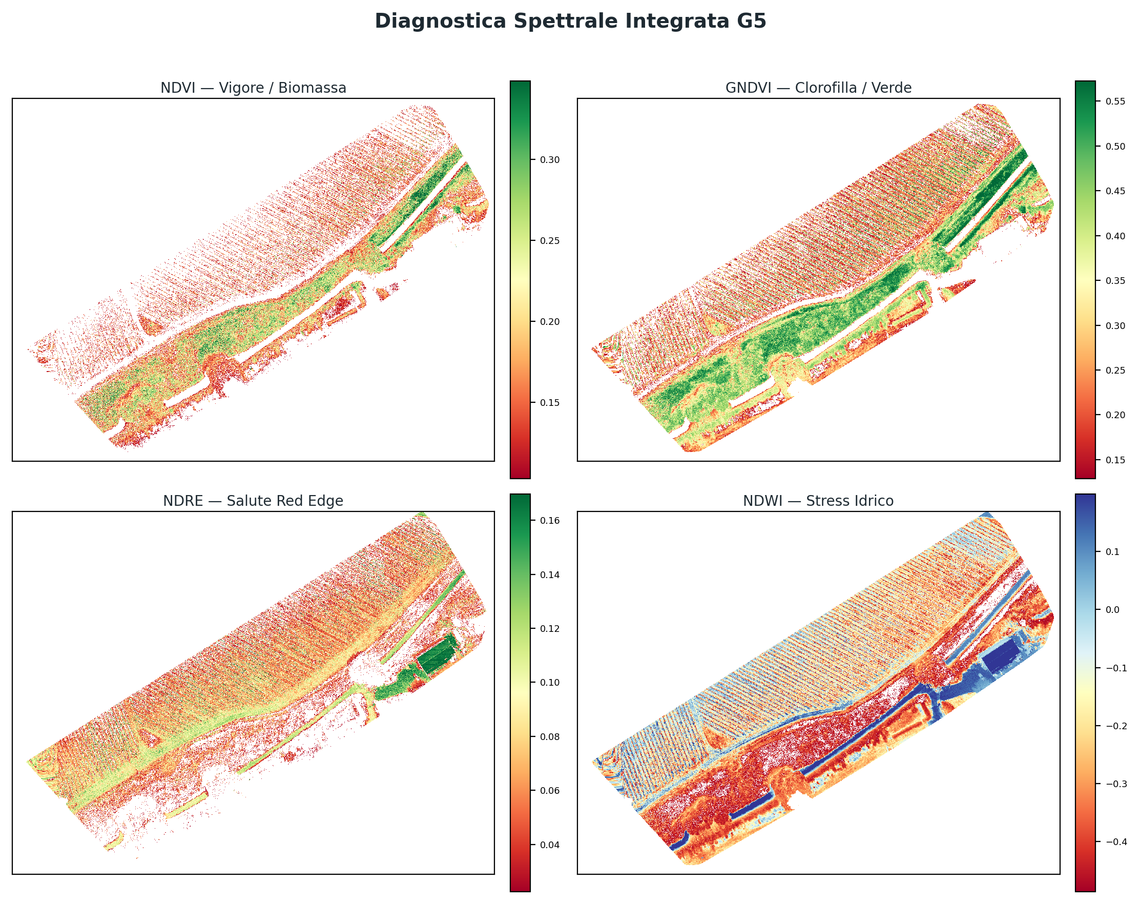 Diagnostica Spettrale Integrata G5 — quadro 2×2 NDVI, GNDVI, NDRE, NDWI